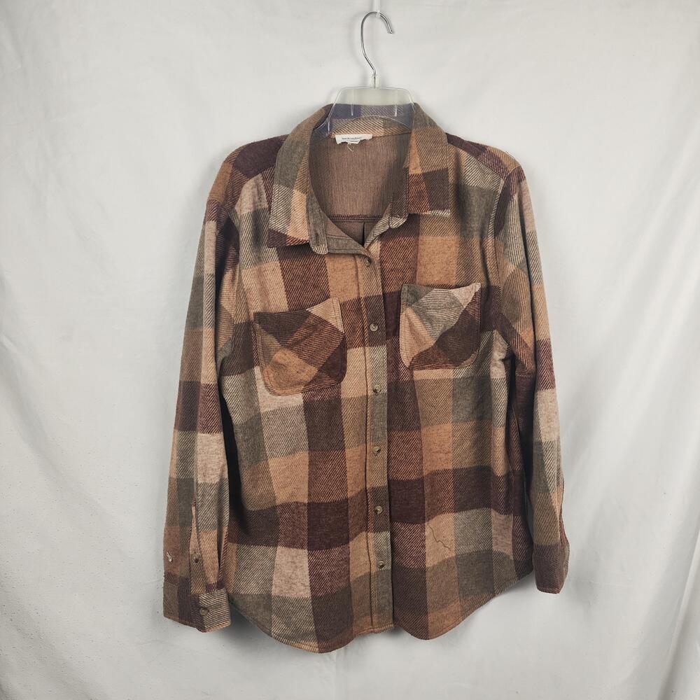 Beachlunchlounge Button Up Shirt Womens XL Brown Plaid Long Sleeve Flannel